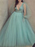 A Line Green V Neck Tulle Long Sleeves Prom Dress LBQ1929